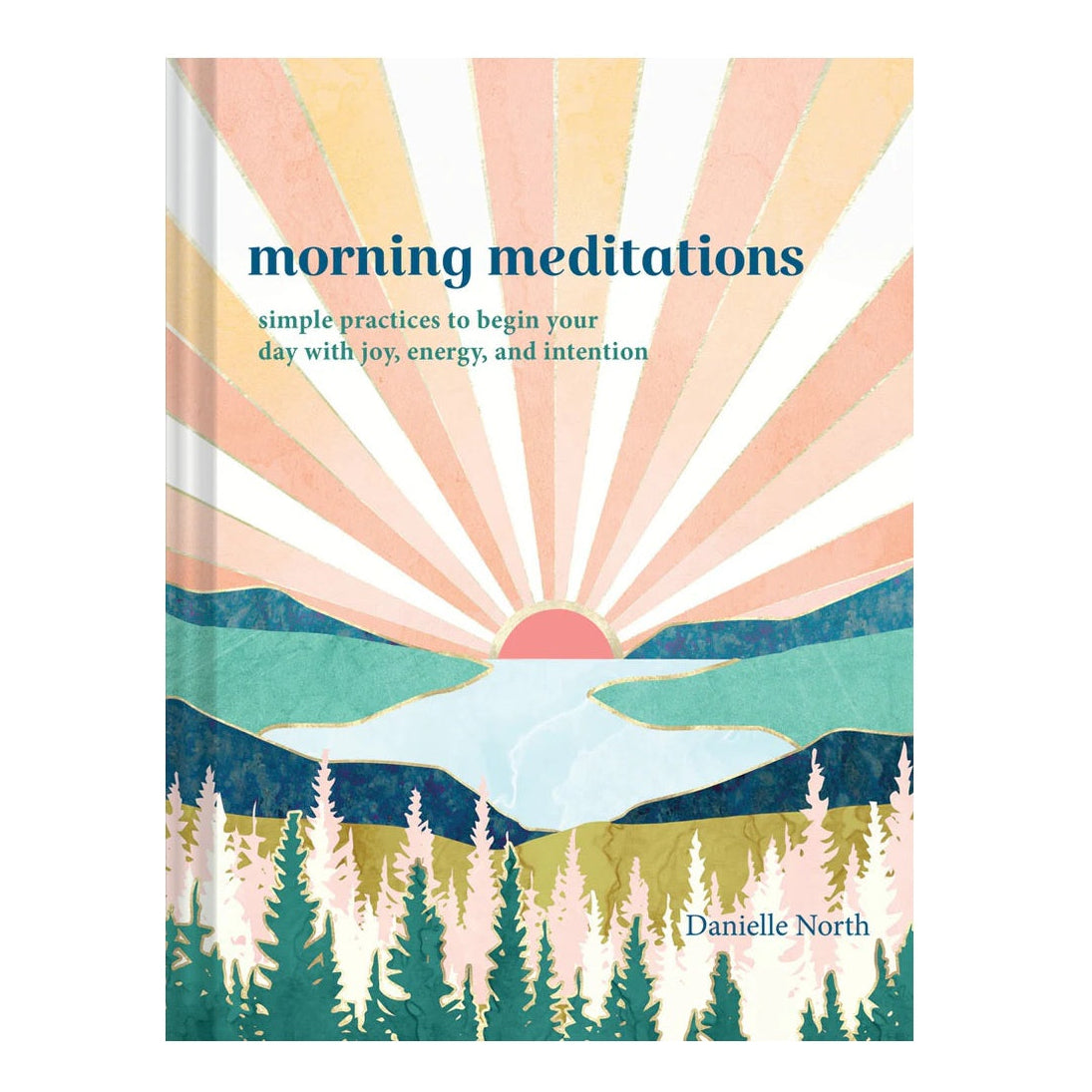 The front cover of the book 'morning meditations' by Danielle North, featuring a stylized illustration of a rising sun over a mountain and pine forest landscape.