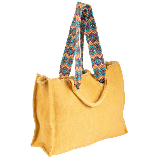 Oversized Tote With Hand Woven Straps - Mustard