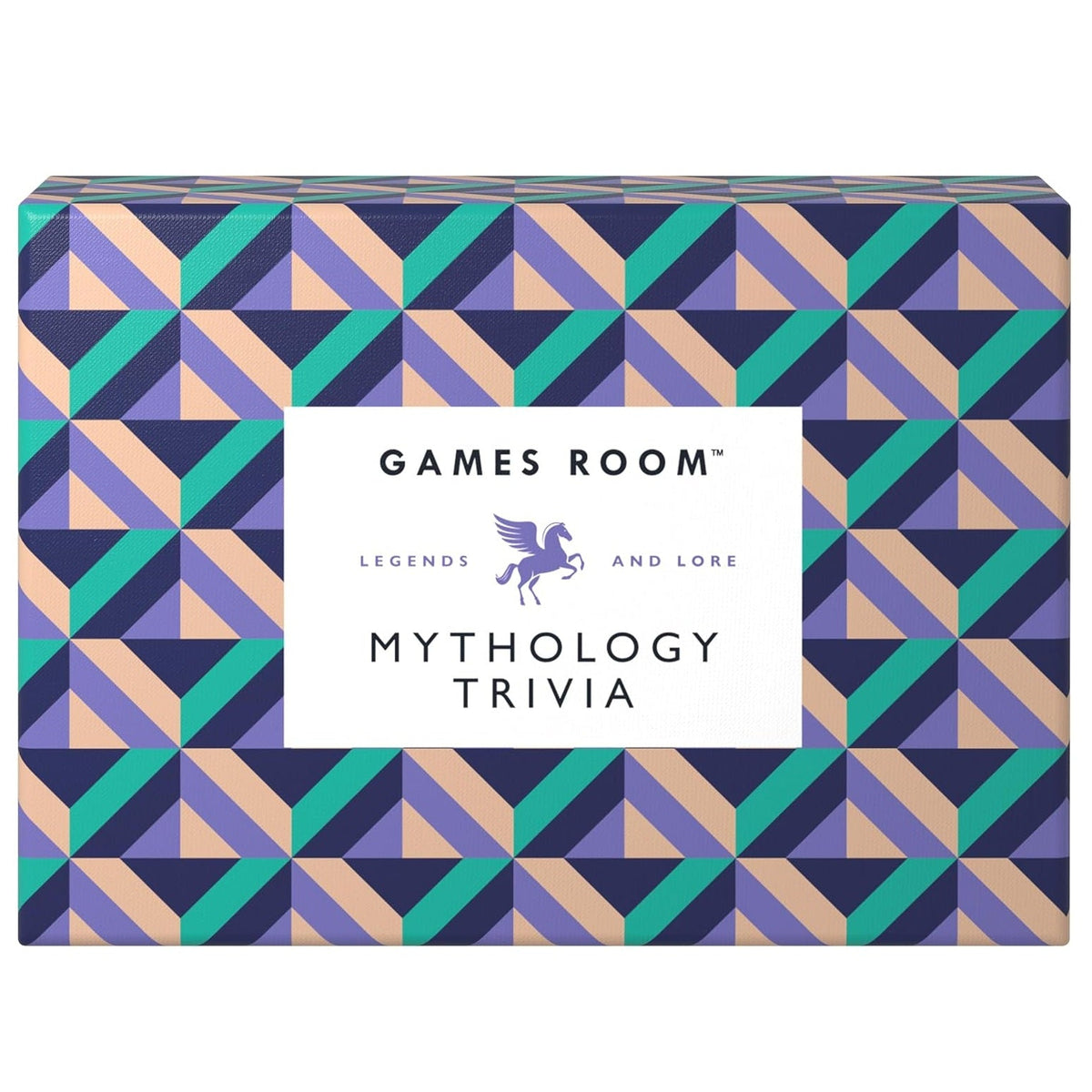 Games Room Mythology Trivia box featuring a geometric pattern in purple, teal, and beige with a white label in the center.