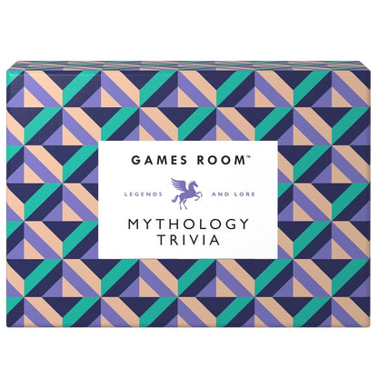 Games Room Mythology Trivia box featuring a geometric pattern in purple, teal, and beige with a white label in the center.