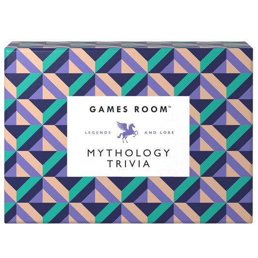 Games Room Mythology Trivia box featuring a geometric pattern in purple, teal, and beige with a white label in the center.