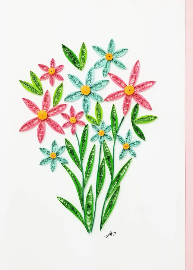 5x7 Quilled Greeting Card - Pink & Blue Flower Bunch
