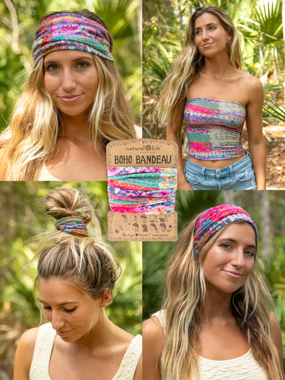 Half Boho Bandeau Headband - Pink Watercolor Patchwork