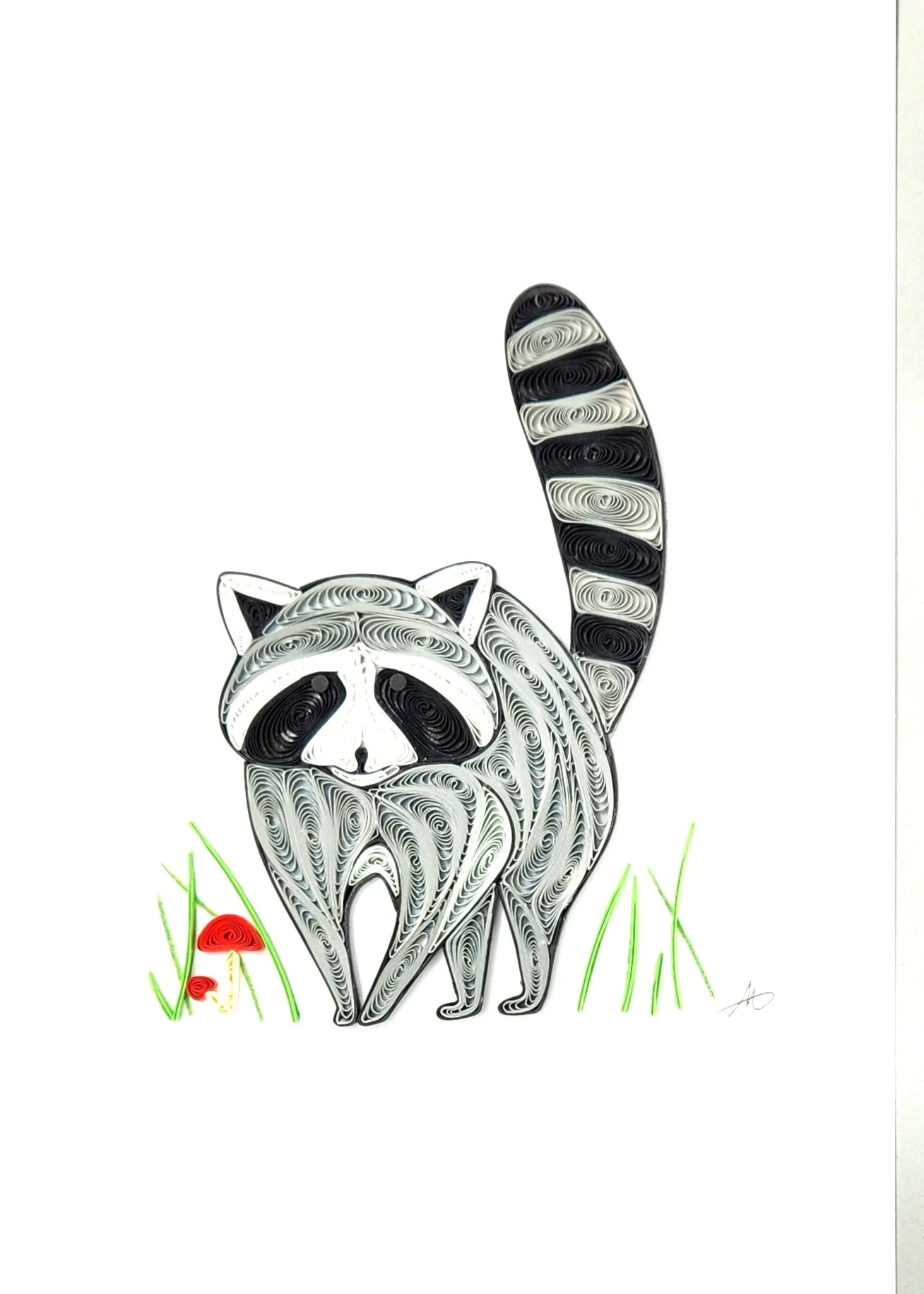 5x7 Quilled Greeting Card - Racoon w/Mushroom