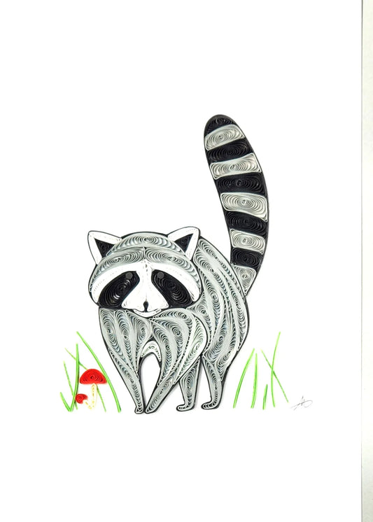 5x7 Quilled Greeting Card - Racoon w/Mushroom
