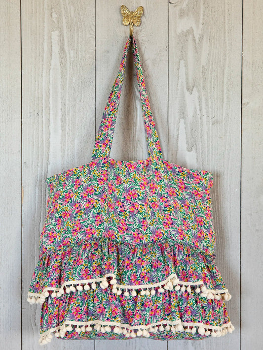 Ruffle Tote Bag - Ditsy Neon Floral
