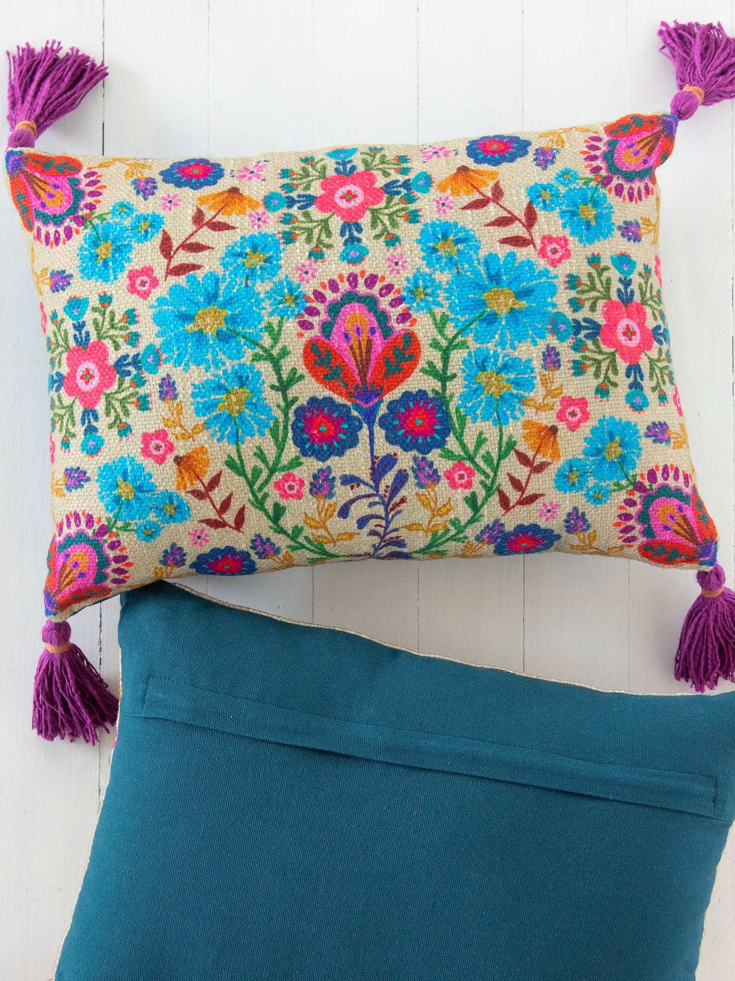 Natural Life Boho Tassel Pillow - Cream Folk Flower