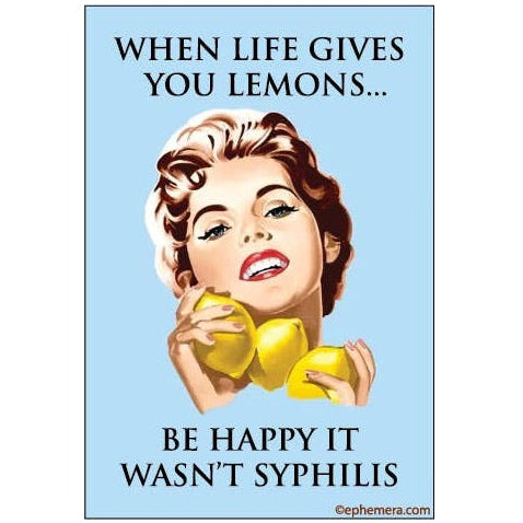 Cartoon woman holding lemons with humorous text on a light blue background
