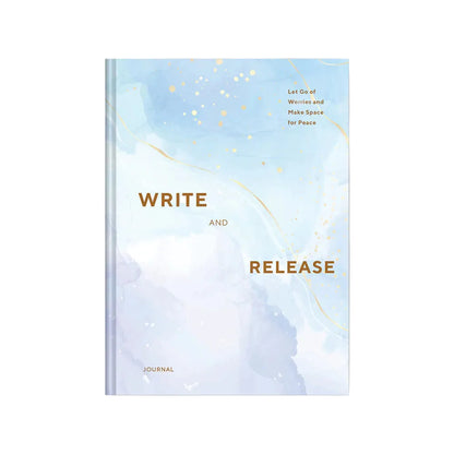 Journal with a blue watercolor cover and text on a white background