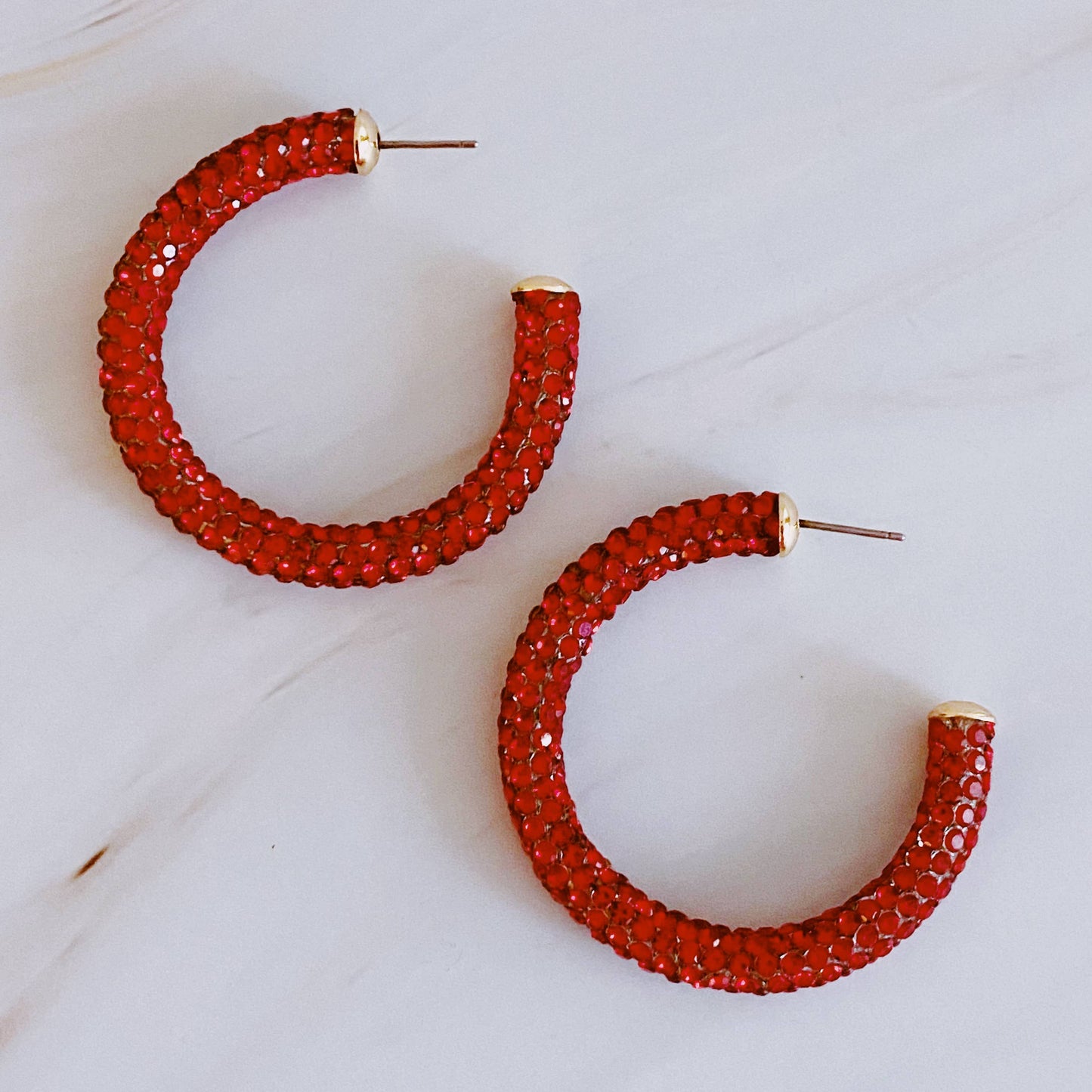 Retro Bling Hoop Earrings - Red