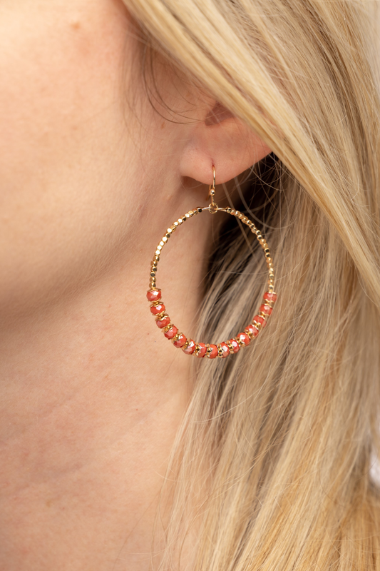 Round Beaded Hoop Earrings - Coral
